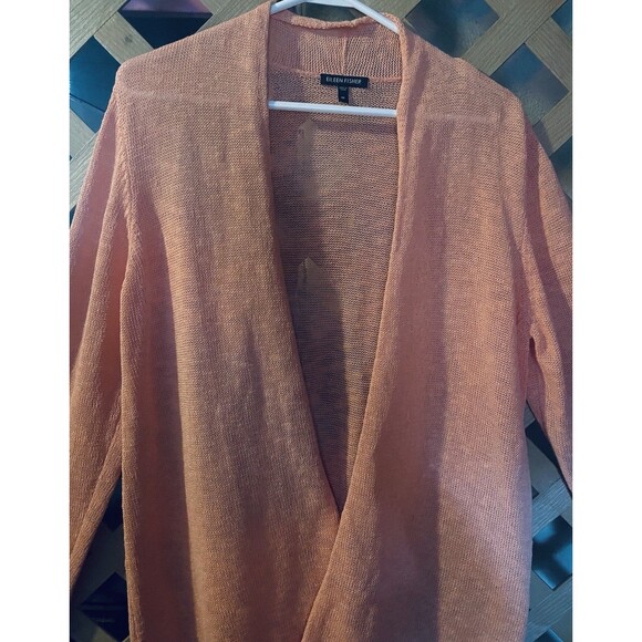 EILEEN FISHER coral orange linen blend open front cardigan Sz M - Picture 3 of 9